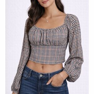 HOLLISTER • Black/Brown/White Plaid Checks Puff Sleeve Cropped Top, XS